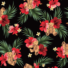 Poster - Pattern composed of tropical flowers and cute bears,