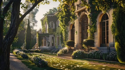 Wall Mural - An elegant manor house set amidst rolling vineyards and lush gardens, with ivy-covered walls and grand ballrooms that echo with the laughter of 
