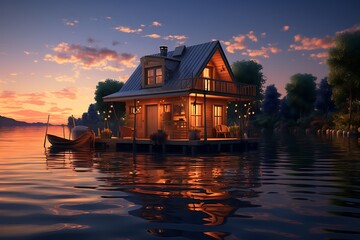 Wall Mural - Wooden house on the water at sunset. 3d render.