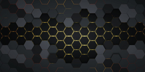 Wall Mural - Black Hexagonal background with golden light.