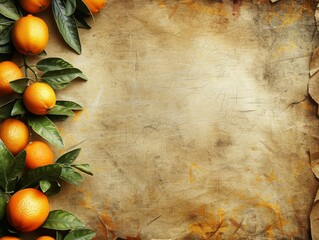 Wall Mural - Fresh kumquat citrus fruit with leaves on a textured grungy background with copy space for text.