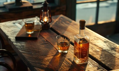 Bottle and glasses of cold whiskey on a vintage wooden background.