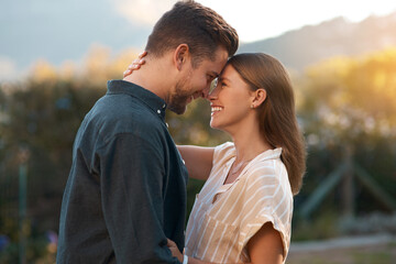 Poster - Couple, happy and embrace at outdoor park for marriage anniversary with love, bonding or romance. Man, woman and nature sunset with smile for honeymoon travel in Australia forest, summer or vacation