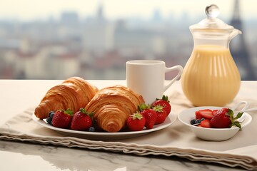 Breakfast with coffee and croissant on table in morning light