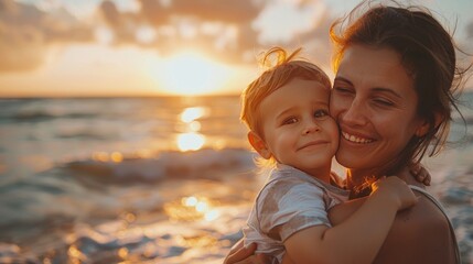 happy mother and son hugging on the beach. mother's day concept