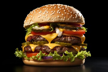 Wall Mural - Big hamburger on a black background, close-up, horizontal