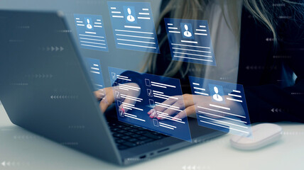 Fototapete - Human resources and management concept. Employees must complete the online survey form, answer the test questions. Marked checklist on a clipboard.	
