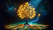Concept of economic growth, a golden seed sprouting into a large, vibrant tree with neon golden leaves, symbolizing prosperity and growth.