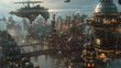 © OlgaNeuroArt - Steampunk Cityscape, Fantasy Urban Illustration, Futuristic with Copy Space