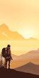 A tourist meets the sunrise in the mountains, hiking, adventure tourism and travel, vector illustration, vertical banner