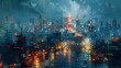 A cityscape with a lot of lights and rain