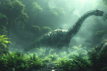 Wall Mural - a majestic diplodocus, with its whip-like tail and elongated neck, peacefully grazing on tall ferns 