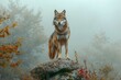 Portrait of a wild wolf standing on a rock in the fog