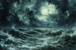 Fantasy sea with stormy waves,  digitally rendered illustration