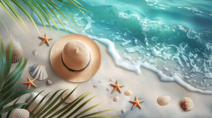 beach with golden sand and blue sea with hat, starfish and seashells