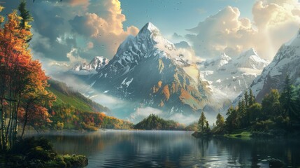 Canvas Print - Mountain, trees, lake reflection; distant mountain backdrop