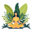Woman Sitting is Practicing Yoga Meditation with Green Leaves Background