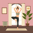 Flat Design Illustration of Woman is Practicing Yoga Pose Sport Meditation at Home