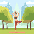 Woman is Practicing Yoga Pose Sport Meditation in City Park with Cityscape Building