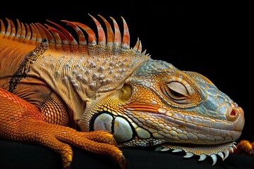 sleeping dragon - close-up portrait of a resting orange colored male green iguana isolated on black