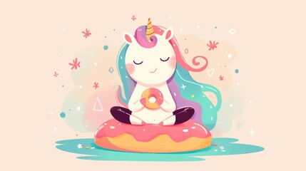 Sticker - Illustration of a charming unicorn practicing yoga on a doughnut depicted in a cartoon 2d icon This premium isolated 2d presents a whimsical animal food concept in a delightful flat cartoon