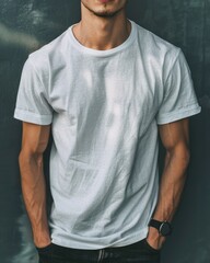 Wall Mural - Young Adult man model in Blank white T-Shirt for design mockup