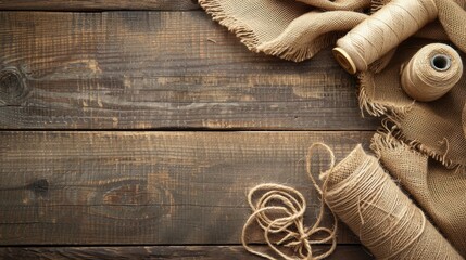 Sticker - Top down view of burlap fabric thread spool and jute on wooden surface with available space for text