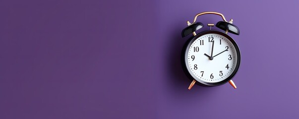 Wall Mural - alarm clock on purple background Minimalistic flat lay,with copy space for photo text or product, blank empty copyspace banner about time management and selfamplement concept.