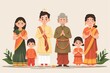 Illustration of a multi-generational Indian family wearing sacred thread and traditional clothing with a welcoming posture