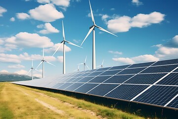 Wall Mural - solar energy panels and wind turbines in the field, renewable energy concept