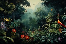Tropical Jungle Landscape With Parrots And Flowers, 3d Illustration