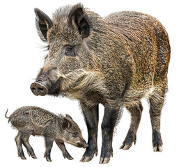 Wall Mural - A wild boar mother with its baby isolated on a white background