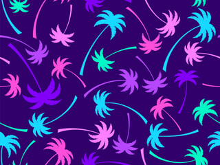 Wall Mural - colorful palm trees seamless pattern. summer time, wallpaper with tropical palm trees on purple back