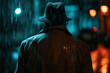© Tetiana - Generative AI image of mysterious man in trench coat and fedora standing under the rain at night