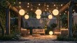 Blank mockup of a charming patio with whimsical paper lanterns hanging from above. .