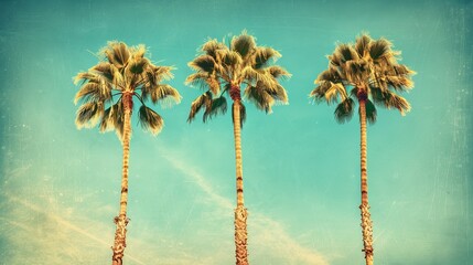 Wall Mural - Stylized and vintage-toned palm trees against a blue sky, depicting tropical coastal scenery, ideal for summer themes