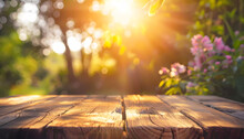 Empty Wooden Table With Blurred Spring And Sun Rays Background. Generative Ai Design Concept.
