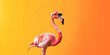 Cool flamingo with sunglasses on orange background. Generative ai design art concept.