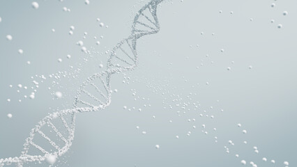 Wall Mural - 3d rendering of a dna molecule in white with particles against a light background, scientific purity