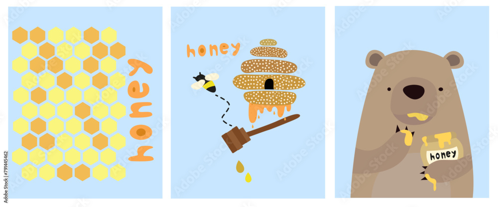 Set of sweet honey vector illustration, World bee day. A bear with ...