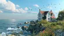 A Charming Coastal Cottage Perched Atop A Windswept Cliff, Its Weathered Shingles And Brightly Painted Shutters Standing In Defiance Of The Crashing Waves Below. 