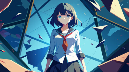 Wall Mural - school uniform anime girl in the middle, broken glass background