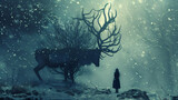 Fototapeta  - Deer and person with antlers fantasy pagan winter 