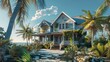A charming coastal cottage with weathered clapboard siding and a wrap-around porch, nestled amidst swaying palm trees and sandy shores, 