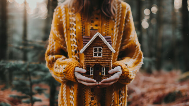 woman with her new house on her hands, wooden house icon, real estate concept