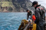 Fototapeta Konie - Two fishermen collecting lobster fishing nets