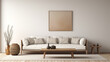 A cozy Scandinavian sofa nestled beside a sleek coffee table in a minimalist interior, with an empty wall mockup awaiting personalized artwork.
