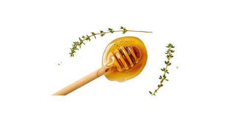 Wall Mural - honey dripping from the wooden spoon with acacia flowers on a white background