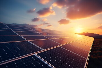Wall Mural - solar panels on sunset background. alternative energy concept. 3d rendering