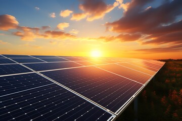 Wall Mural - solar panels on sunset background. alternative energy concept. 3d rendering
